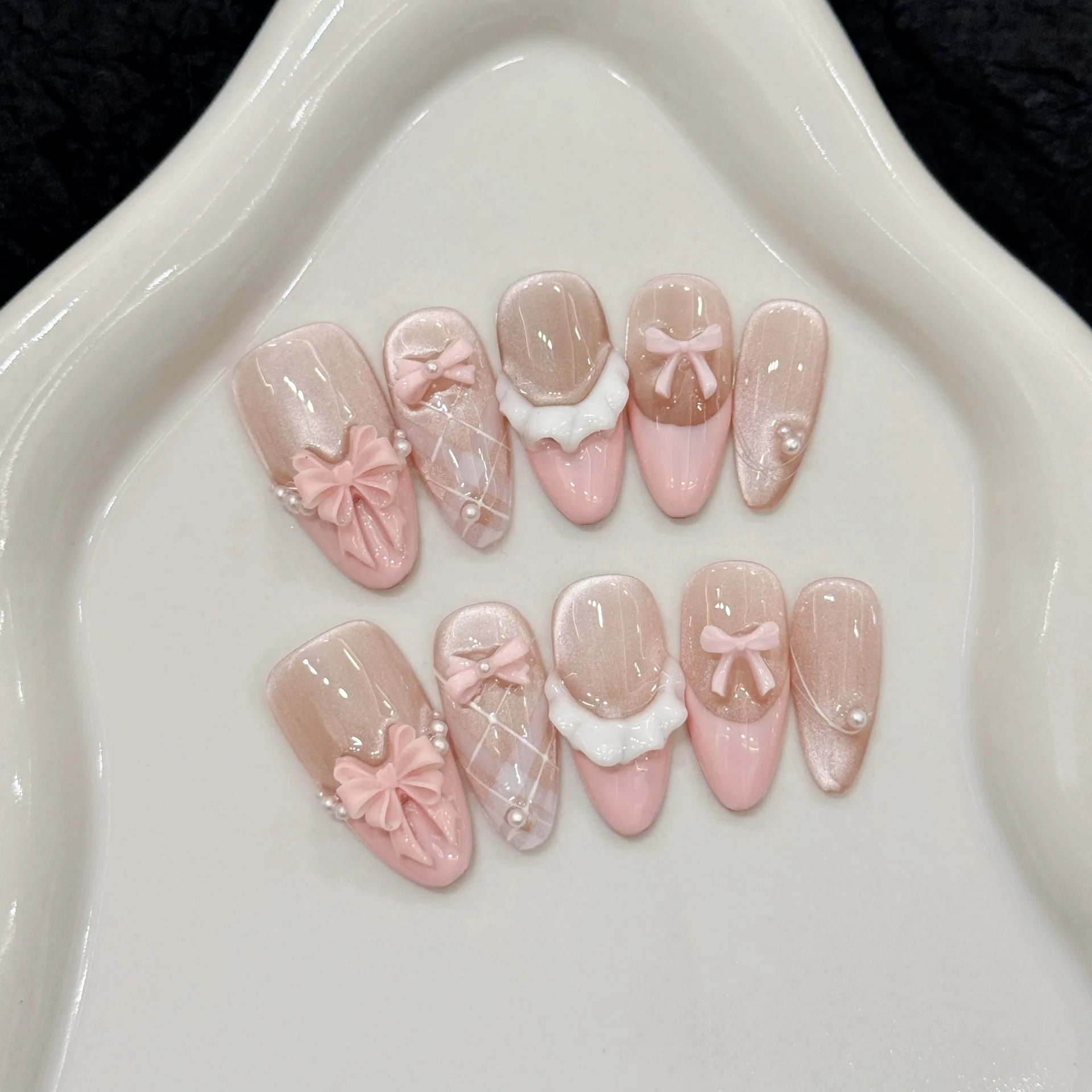 Press on Nails French Cat Eye Pink Bow