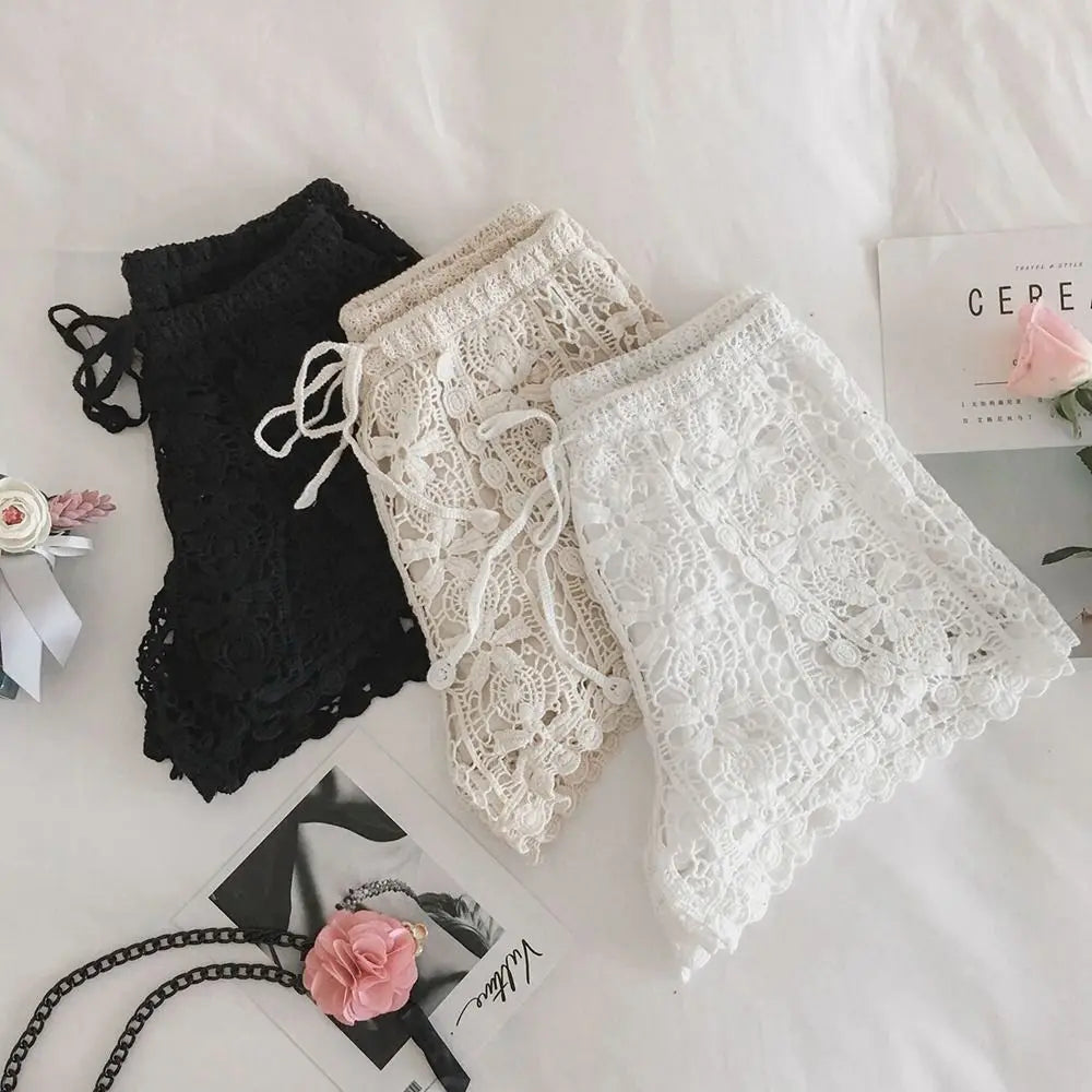 Boho Holiday Crochet Shorts Female Short Ladies Summer All-matching Trousers for Women High Waist Hollow Out Lace-up