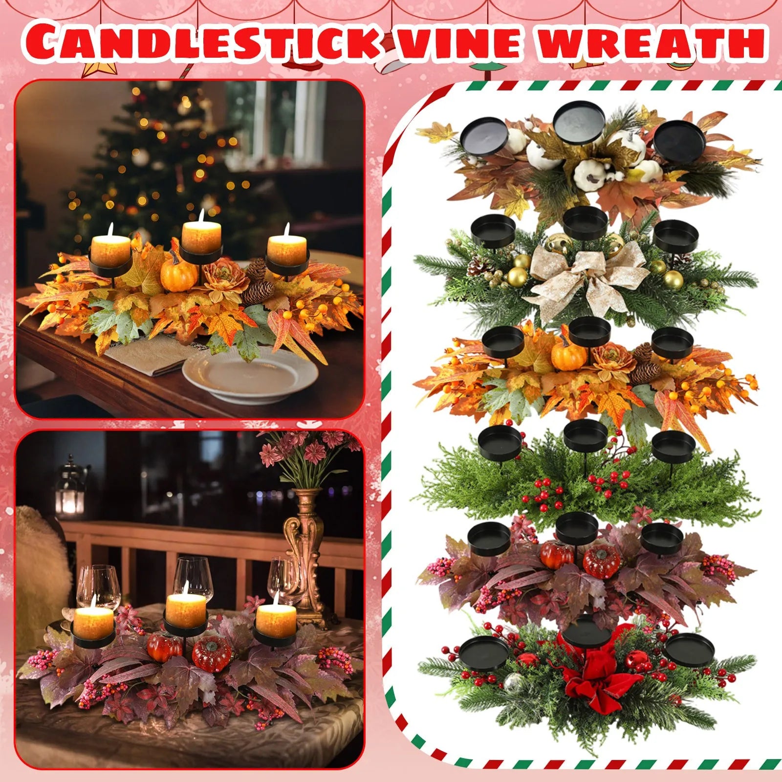 Christmas Three-Legged Candlestick Home Decoration Desktop Candlestick Rattan Garland Decoration Party Matching Small Ornaments