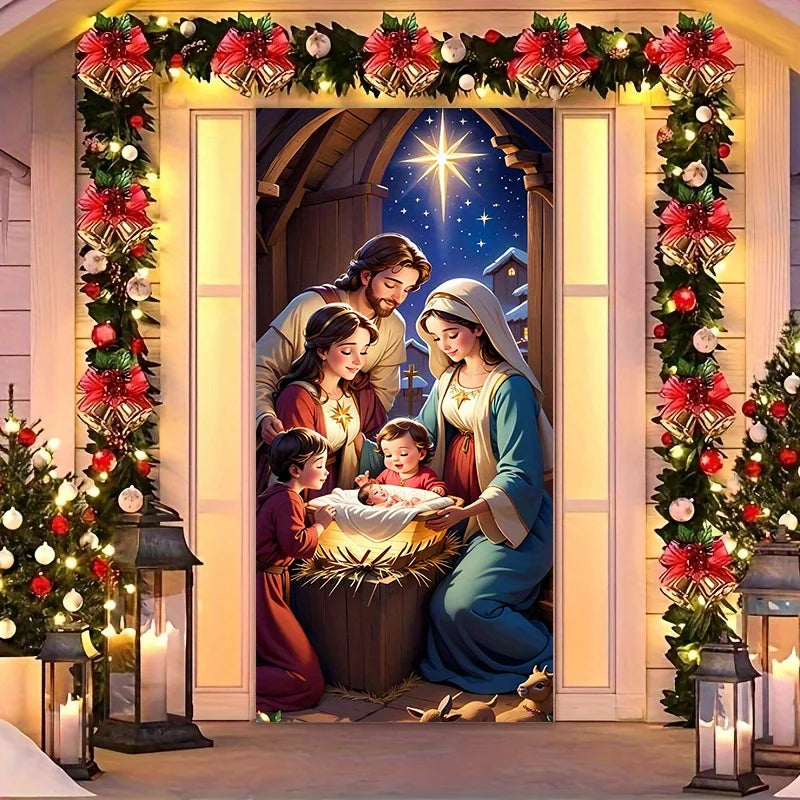 A Christmas door ornament with a warm family scene and elegant floral wreath