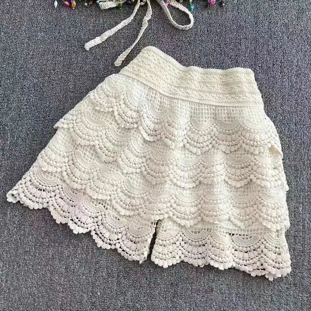 Boho Holiday Crochet Shorts Female Short Ladies Summer All-matching Trousers for Women High Waist Hollow Out Lace-up
