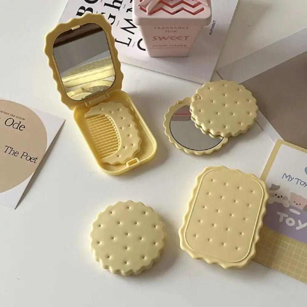 Cheese Biscuit Design Pocket Mirror Portable Foldable Mini Makeup Mirror For Travel Daily Use Cute Cartoon Style