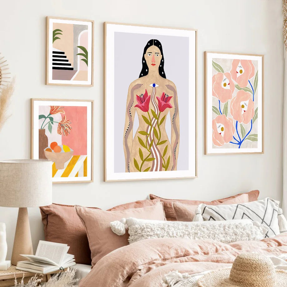 Boho Woman Flower Mountain Fruit Botanical Floral Wall Art Canvas Painting Posters And Prints Pictures For Living Room Decor