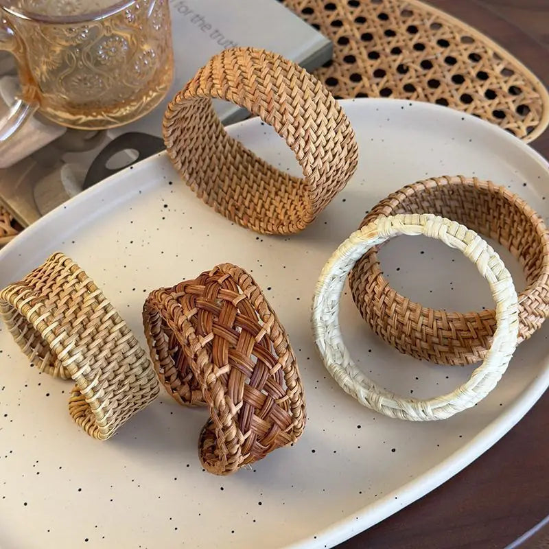 Boho Coffee Wood Bamboo Rattan Knit Wide Bangles for Women Ethnic Style Hand-woven Wrap Vintage Cuff Bracelets TrendyJewelry F