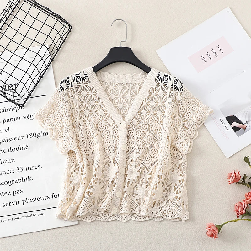 Boho Crochet Knit Top Short Sleeve Button-up Sheer Openwork Blouse Women Teen-girl Summer Fairycore Vacation Outfit