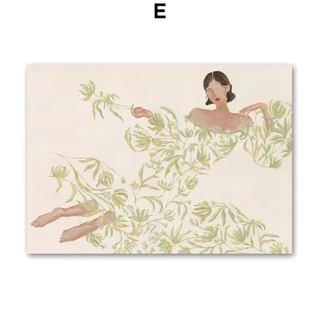 Boho Abstract Girl Cocktail Vase Leaves Flower Wall Art Canvas Painting Posters And Prints Wall Pictures For Living Room Decor