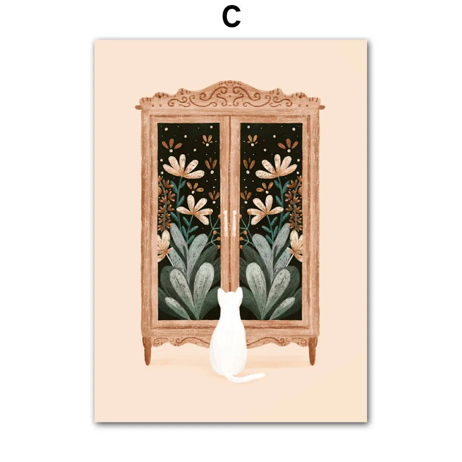 Boho Fashion Girl Flowers Leaves Illustration Wall Art