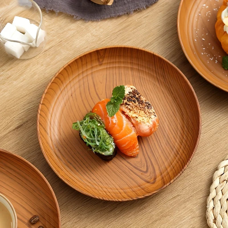 Wood grain colored dinner plates