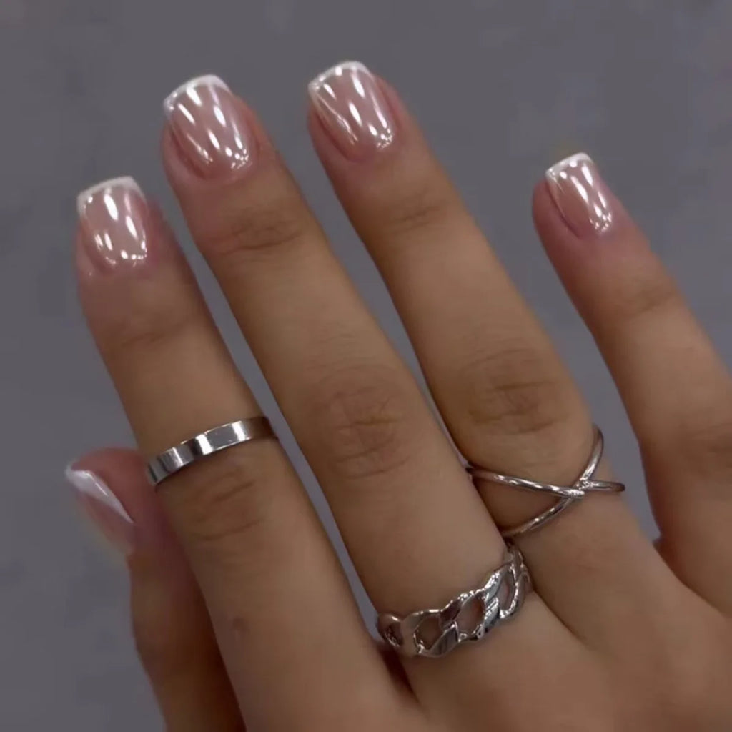 24 Pcs White French Acrylic Square Press on Nails Simple Short Medium Fake Nails with Tools Artificial Realistic False Nails Set